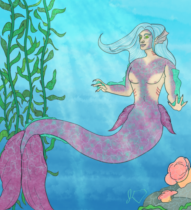 Mermaid Aerith A mer-man facing stage left with a purple tail and flowing pale blue hair.